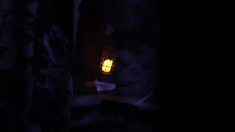 People walking with ancient lanterns in the dark, candlelight,  antiques Stock Footage 260442383