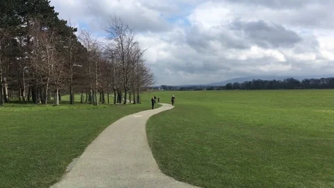 People walking and biking on a path in Phoenix Park, Dublin - Ireland, 2018 Stock Footage 88716981