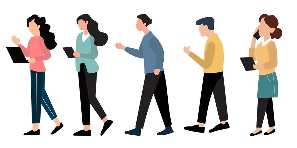 People Walking and Using Technology Flat Vector Illustration イラスト素材