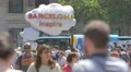 People walking around the 'Barcelona inspira' sign in Plaza de Catalunya 4k or 4k+ Resolution
