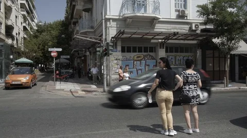 People walking in Athens by closed shopes  Stock Footage 113348784