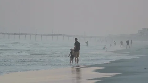 People Walking On Beach Before Sunset Stock Footage 92709702