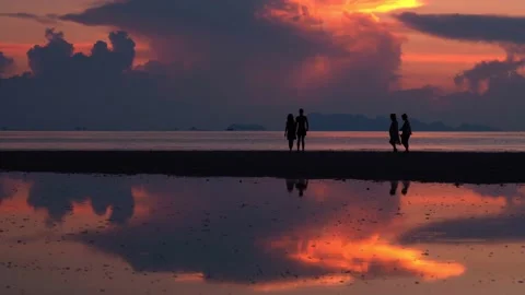 People walking by the beach at sunset Stock Footage 136022497