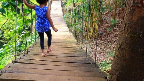 People walking on a beautiful long hanging bridge which is shaking - Video Stock Footage