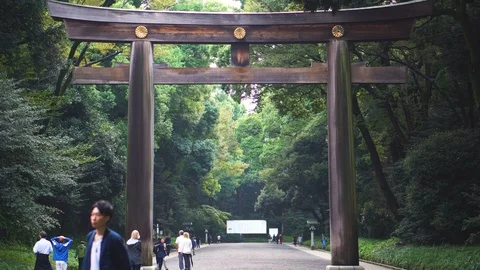 People Walking Below Torii Gate At Meiji Shrine Stock Footage 104331178