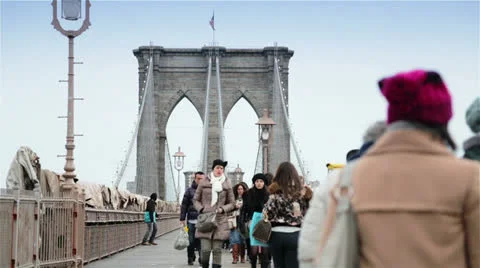 People Walking on Brooklyn Bridge, New York Stock Footage 24402762