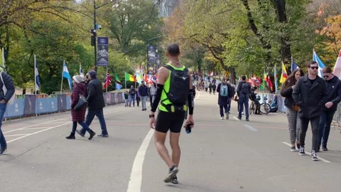 People Walking in Central Park at final area of New York Marathon Stock Footage 147004037