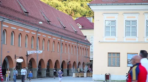 People walking in central square, medieval town, architecture, Europe Stock Footage 40513733