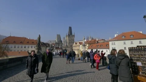People walking on Charles Bridge 4K 스톡 동영상 74784366