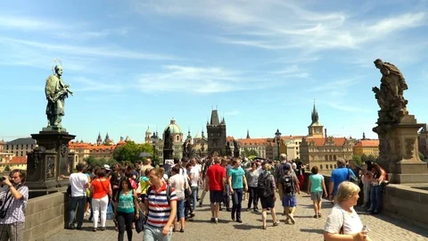 People walking on the Charles Bridge Stock Footage 75423724