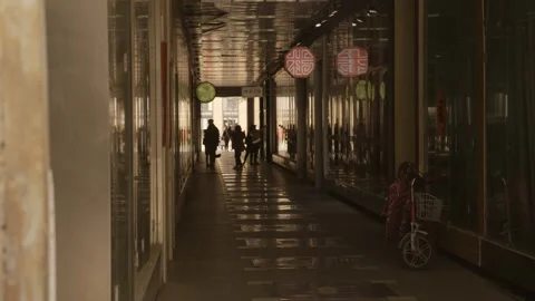People Walking in Covered Corridor of 798 Art District, Beijing Urban Shopping Stock Footage 345688579