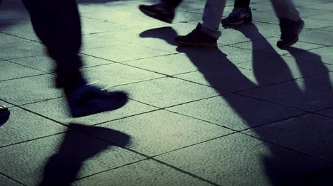 People walking crowd footsteps long shadows silhouettes 2 cold no fx Video stock 45989028