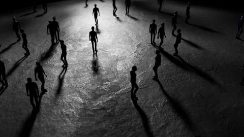 People walking on dark surface with long shadows Stock Illustration