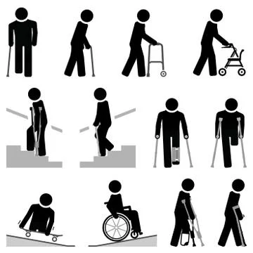 People with walking difficulties use different types of mobility aids Stock Illustration