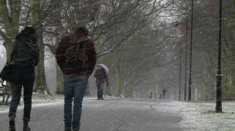 People Walking Down Footpath in Snow Stock Footage 49799848