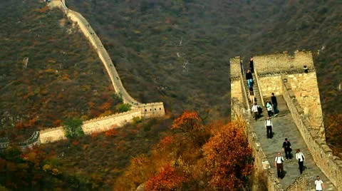 People walking down Great Wall of China, near Beijing, China Stock Footage 10888864