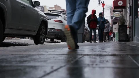 People Walking Down Sidewalk Winter Video stock 101089990