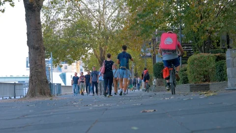 People Walking In The Fall Next To River Rhein Stock Footage 95333615