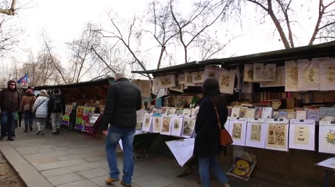 People walking at the famous galleries boxes along the Seine River in Paris Stock Footage 46787064