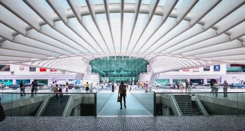 People walking in front of Oriente Intermodal Station Lisbon Stock Photos