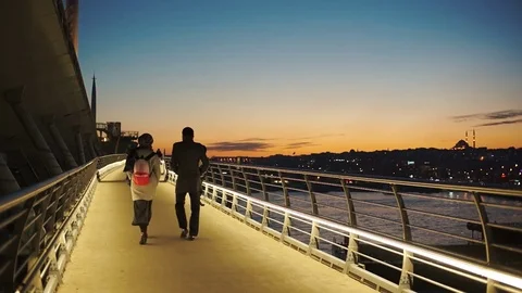 People Walking At Halic Metro Bridge, Istanbul, Turkey Stock Footage 83165470