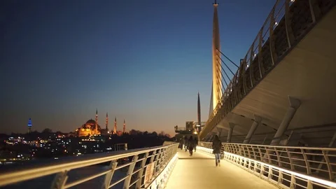 People Walking At Halic Metro Bridge, Istanbul, Turkey Stock Footage 83165595