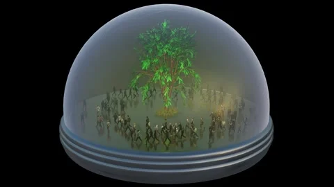 People walking inside snow globe. Tree in glass dome. 3d animation render. Stock Footage 296708374