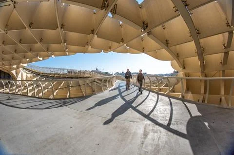 People Walking On Las Setas Structure In Seville, Spain Stock Photos