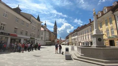 People walking on main square in small medieval town Kranj, Slovenia Stock Footage 152582836