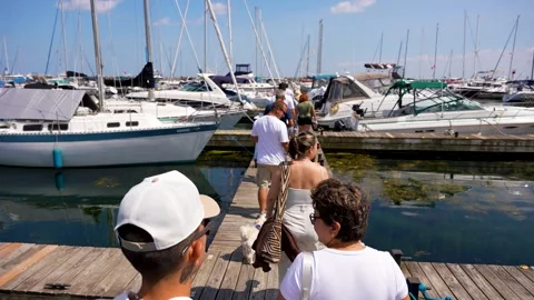 People walking on marina dock between sailboats Stock Footage 330763927