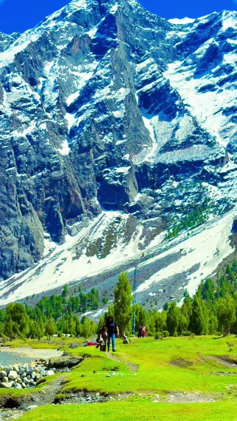 People Walking on Meadow Below Towering Snowy Mountain. Stock Footage 322916717