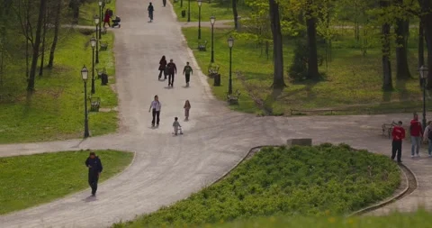 People walking in park with cyclist on path 库存影片 332511592