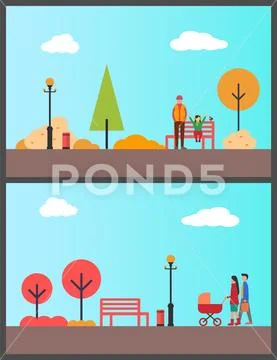 People Walking in Park with Stroller Autumn Season Stock Illustrationen