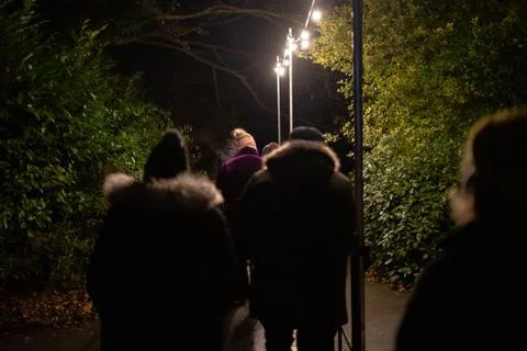 People walking in park winter nights 스톡 사진