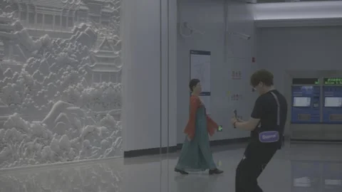 People Walking Past Relief Wall Wuhan Metro Line 12 Stock-Footage 342970330