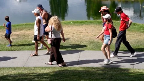 People walking on a path by the lake, summer outdoors Canada Stock Footage 338209967