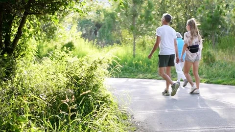 People walking on a pathway between trees in city park, BC Canada Stock Footage 338210090