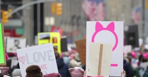People walking protesting at Women's March in New York City Video stock 84834979