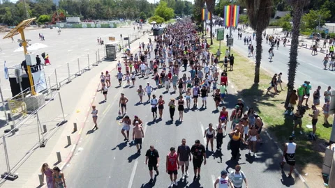 People walking with rainbow flags on Rokach Boulevard Stock Footage 197778251