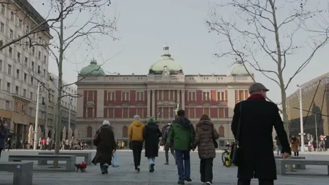 People walking in Republic Square on a cold weekend in Belgrade. Stock Footage 233353288