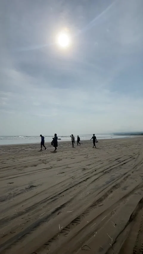 People Walking on a Sandy Beach Under Bright Sunlight, Cijeruk Beach, Indonesia. Видео 343918464
