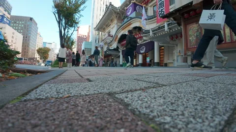 People walking on a sidewalk in front of the Kabuki-za Theatre in Ginza Stock Footage 330263040
