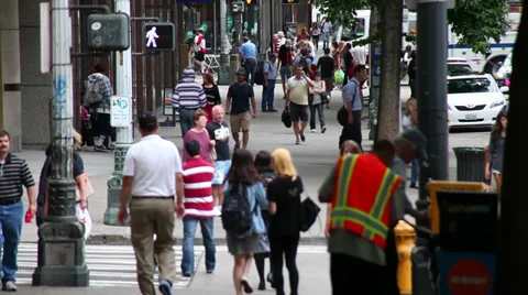 PEOPLE WALKING,  SIDEWALK, MAN  WITH CELL PHONE, SEATTLE Stock Footage 32151732