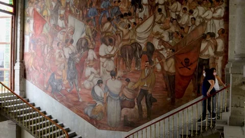 People walking up the stairs of the mural "Allegory to the Mexican Revolution" Stock Footage