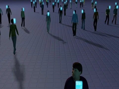 People walking staring at floating smart phones Stock Footage 71843784