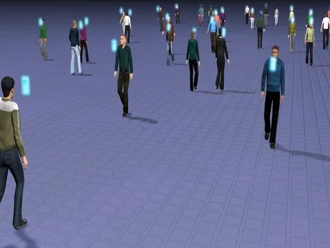 People walking staring at floating smart phones 库存影片 71843829