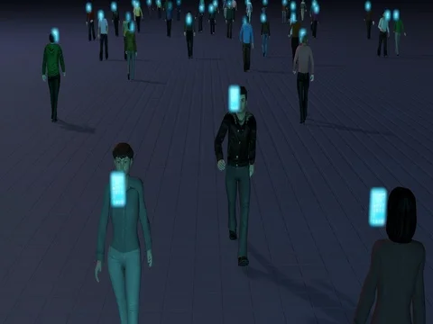 People walking staring at floating smart phones Stock-Footage 71888209