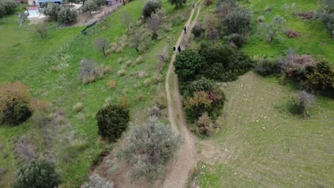 People Walking on Steep Hillside in Cold Rural Forest Landscape Stock Footage 326935731