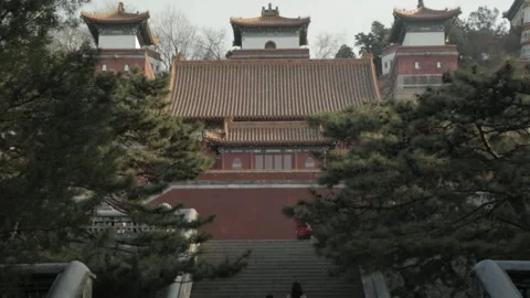 People walking up stone steps toward historic pavilion at Summer Palace Beijing Stock Footage 341782176