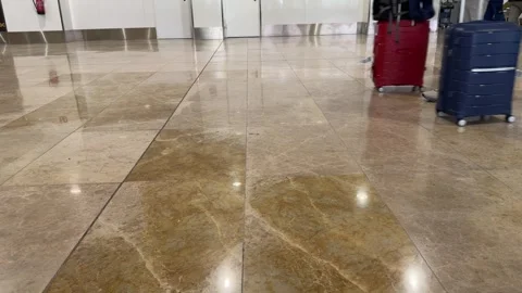 People walking with their baggage on a shiny marble floor Stock-Footage 344572027